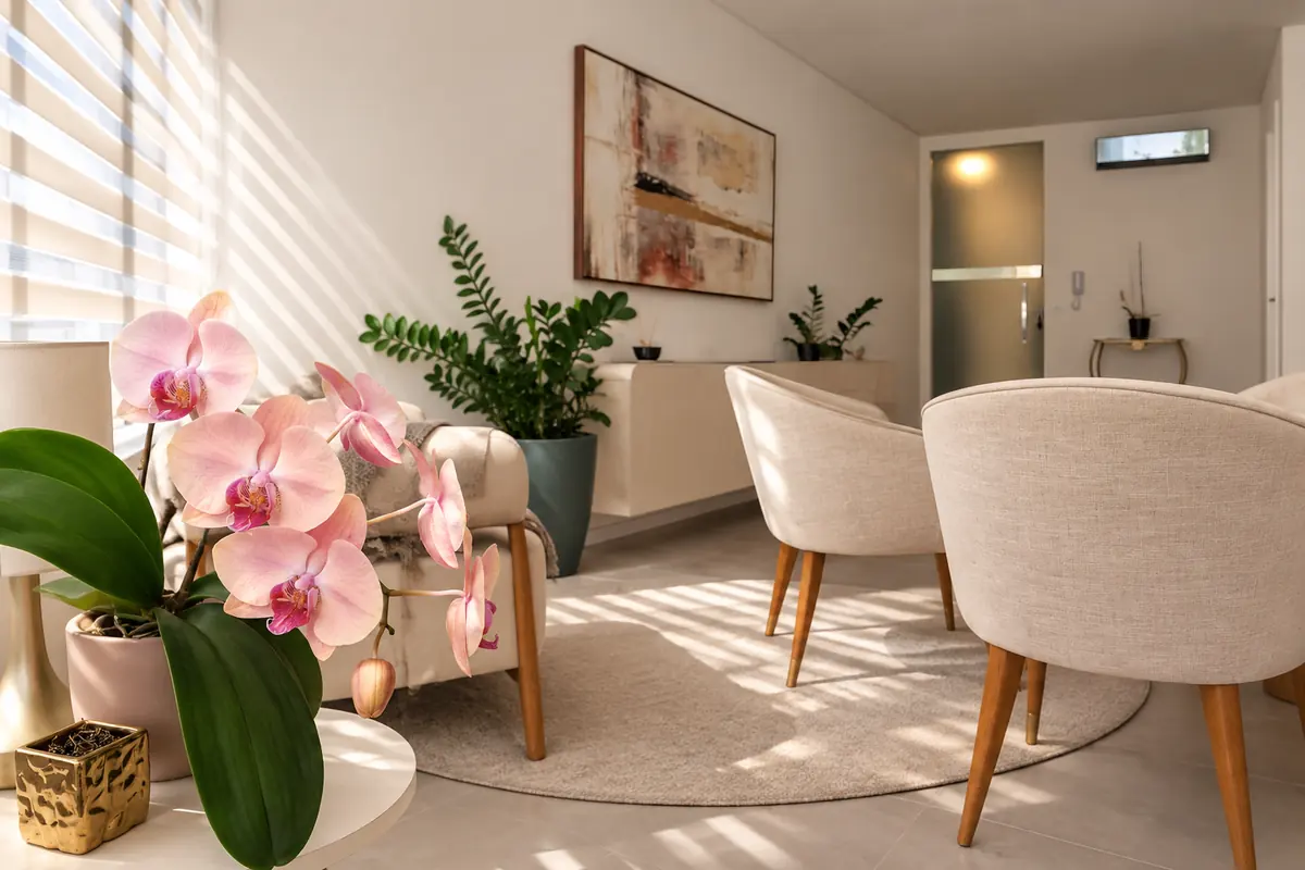 Sala do consultório de psiquiatria em Florianópolis, com poltronas claras, plantas e iluminação natural